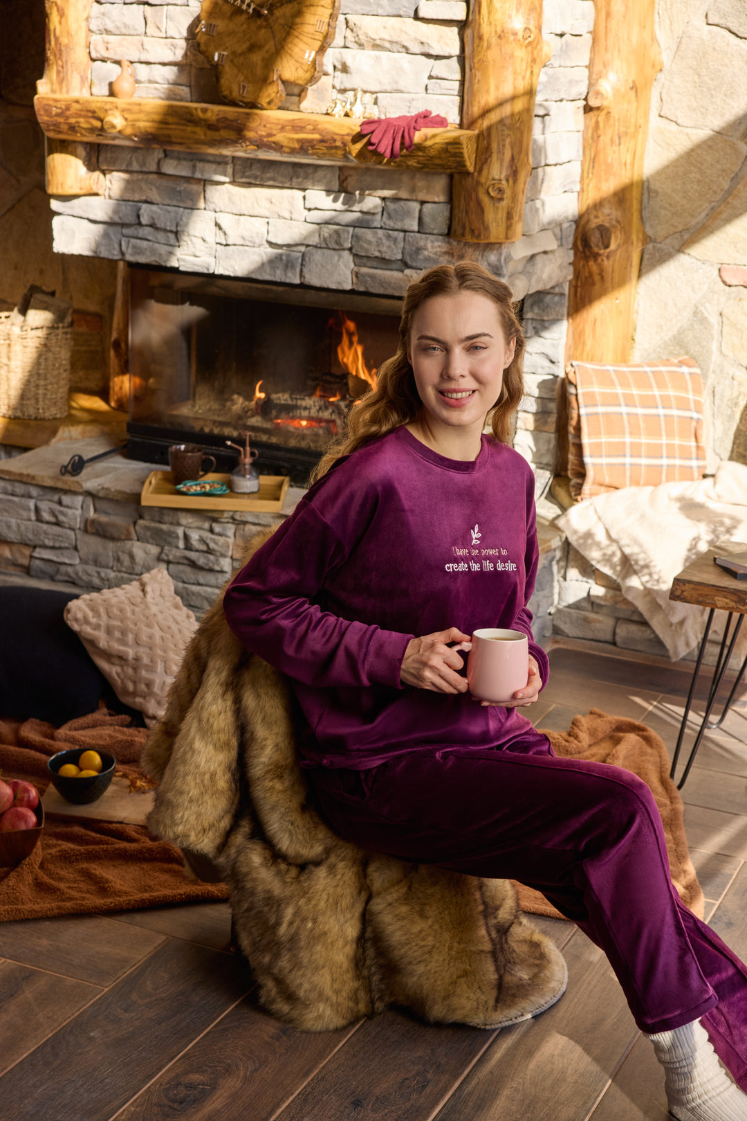 Dark Plum Velvet Winter Set with Embroidery – Cozy Loungewear | 6011