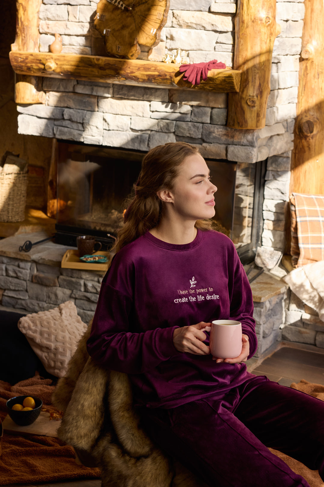 Dark Plum Velvet Winter Set with Embroidery – Cozy Loungewear | 6011