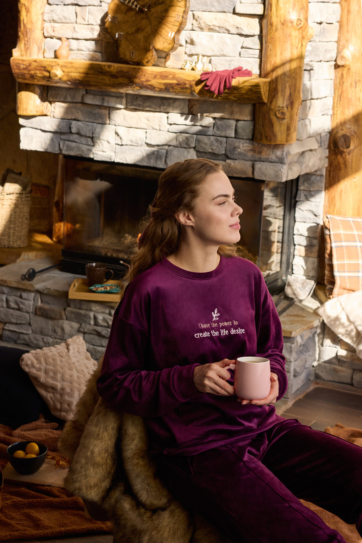 Dark Plum Velvet Winter Set with Embroidery – Cozy Loungewear | 6011