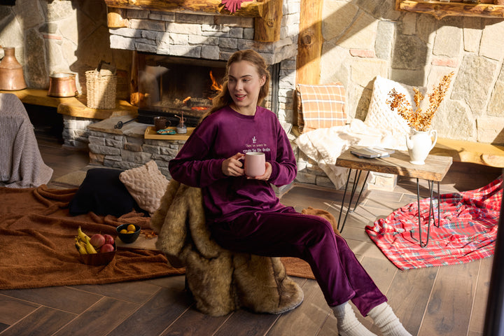 Dark Plum Velvet Winter Set with Embroidery – Cozy Loungewear | 6011