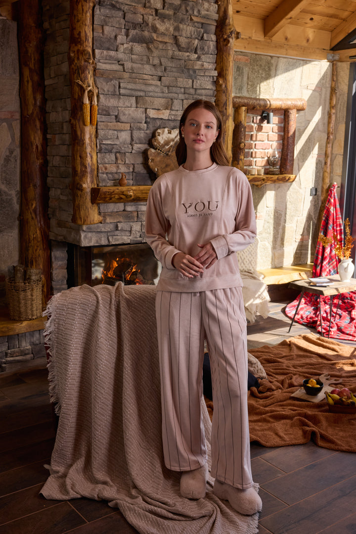 Blush Pink Velvet Winter Set with Embroidery &amp; Striped Pants | 6012