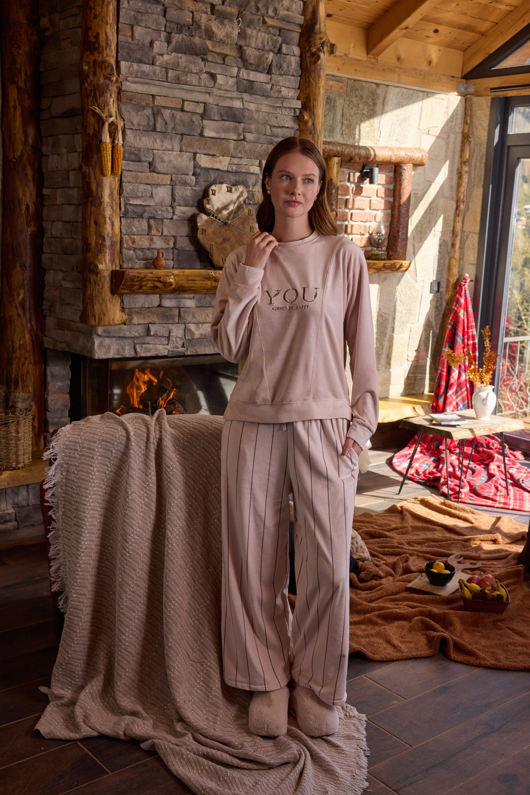 Blush Pink Velvet Winter Set with Embroidery &amp; Striped Pants | 6012