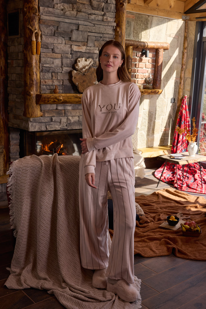 Blush Pink Velvet Winter Set with Embroidery &amp; Striped Pants | 6012