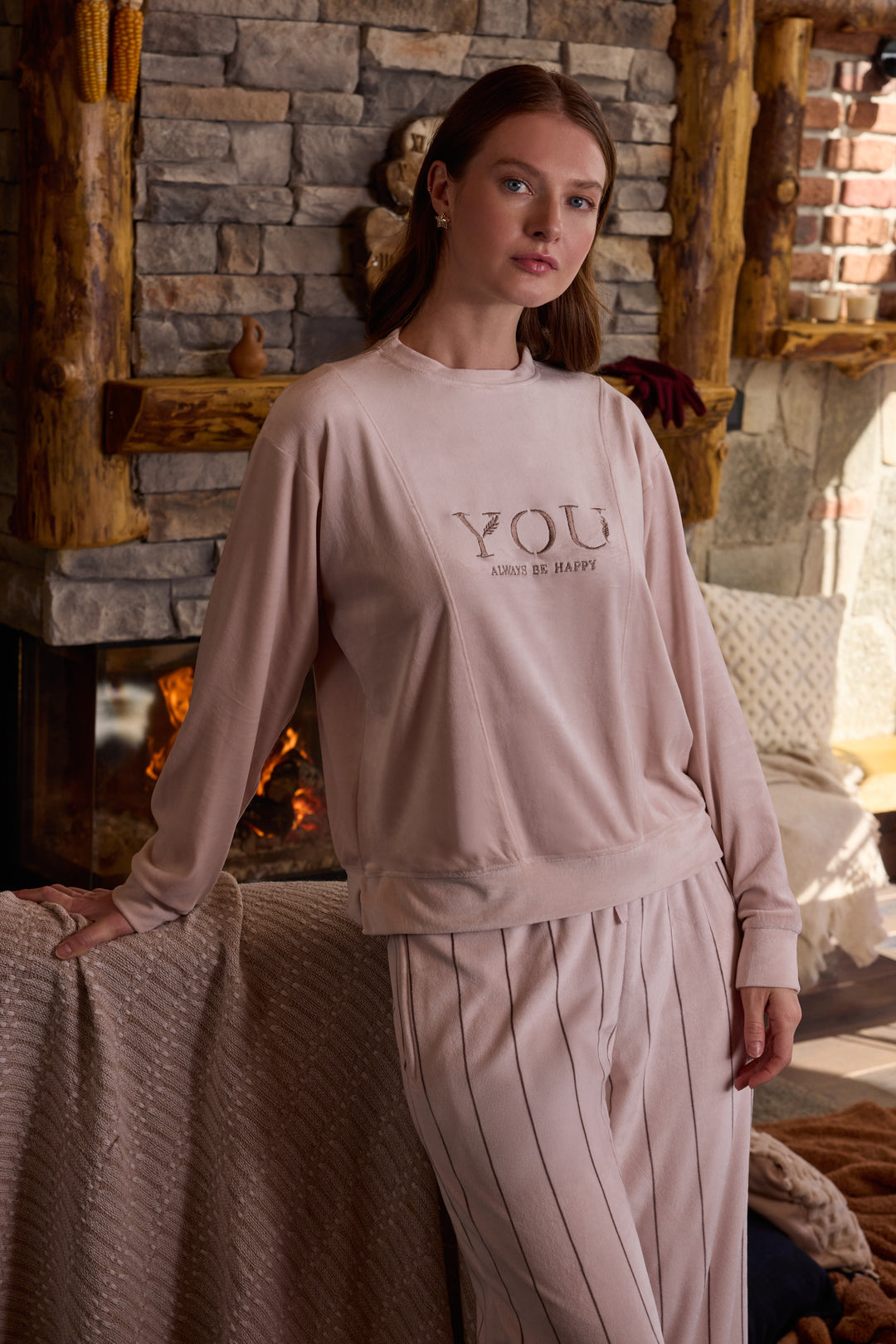 Blush Pink Velvet Winter Set with Embroidery &amp; Striped Pants | 6012