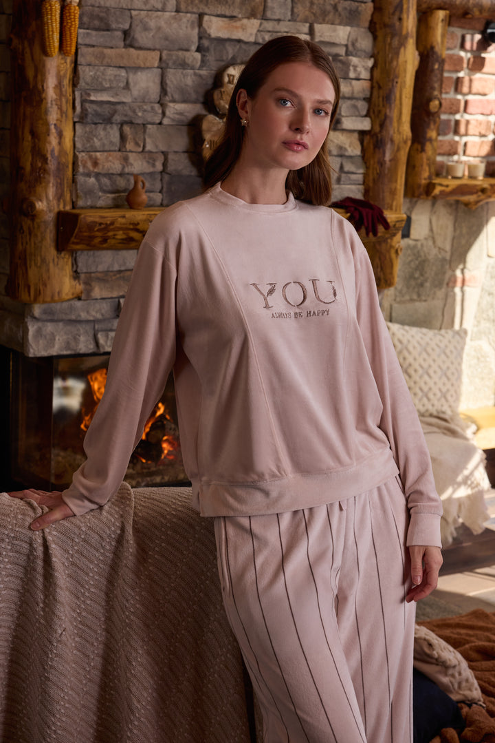 Blush Pink Velvet Winter Set with Embroidery &amp; Striped Pants | 6012