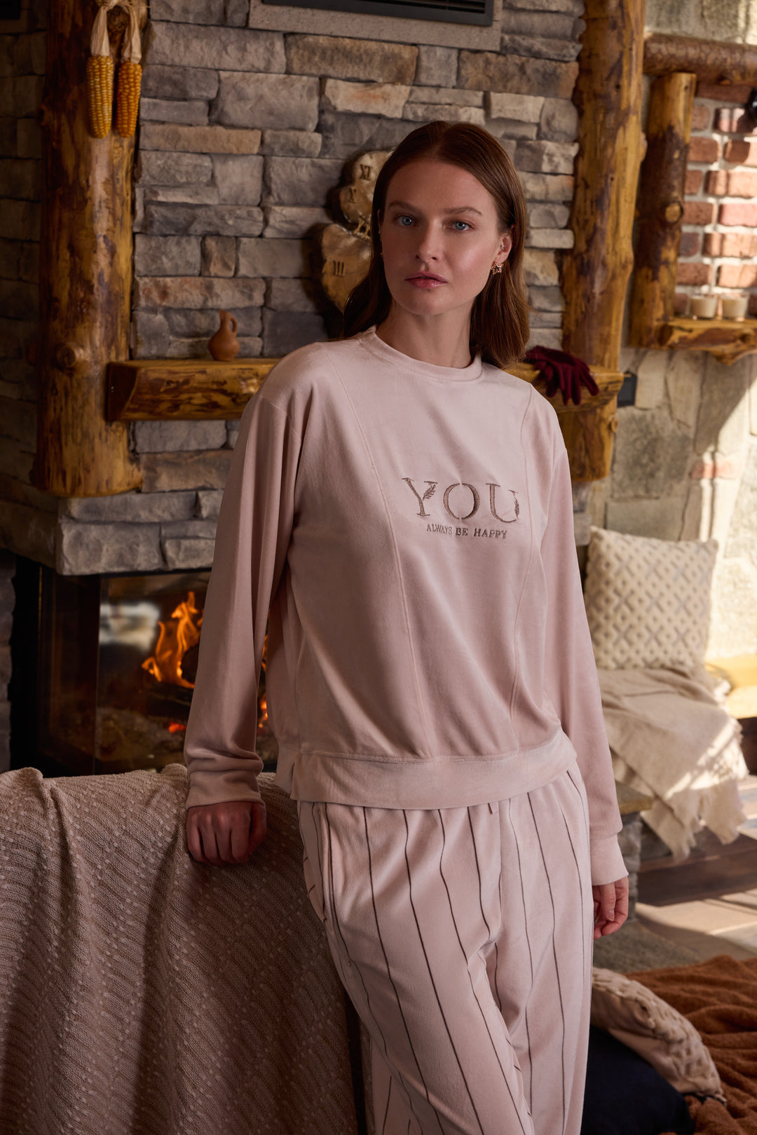 Blush Pink Velvet Winter Set with Embroidery &amp; Striped Pants | 6012