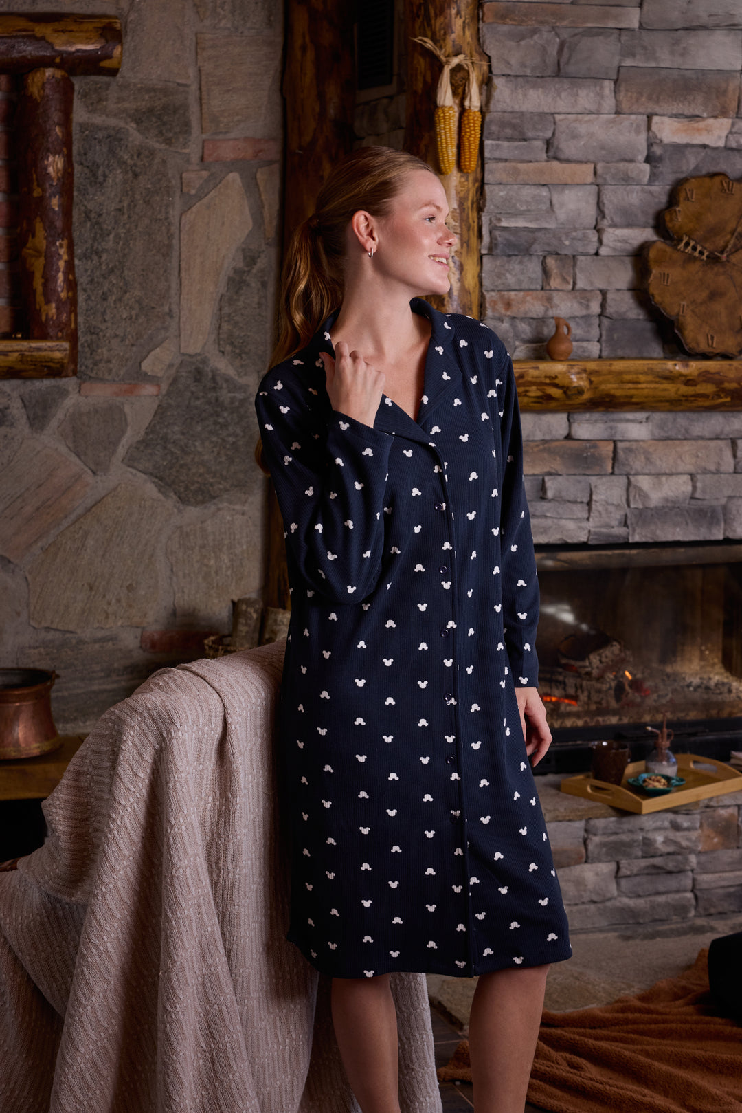 Heart Print Button-Up Nightshirt – Cozy Sleep Dress /6056