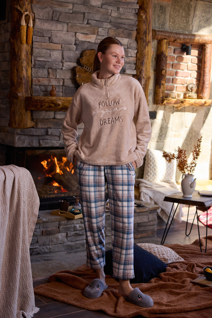 Beige Fluffy Half-Zip Pajama Set with Embroidery &amp; Checked Pants | 6013