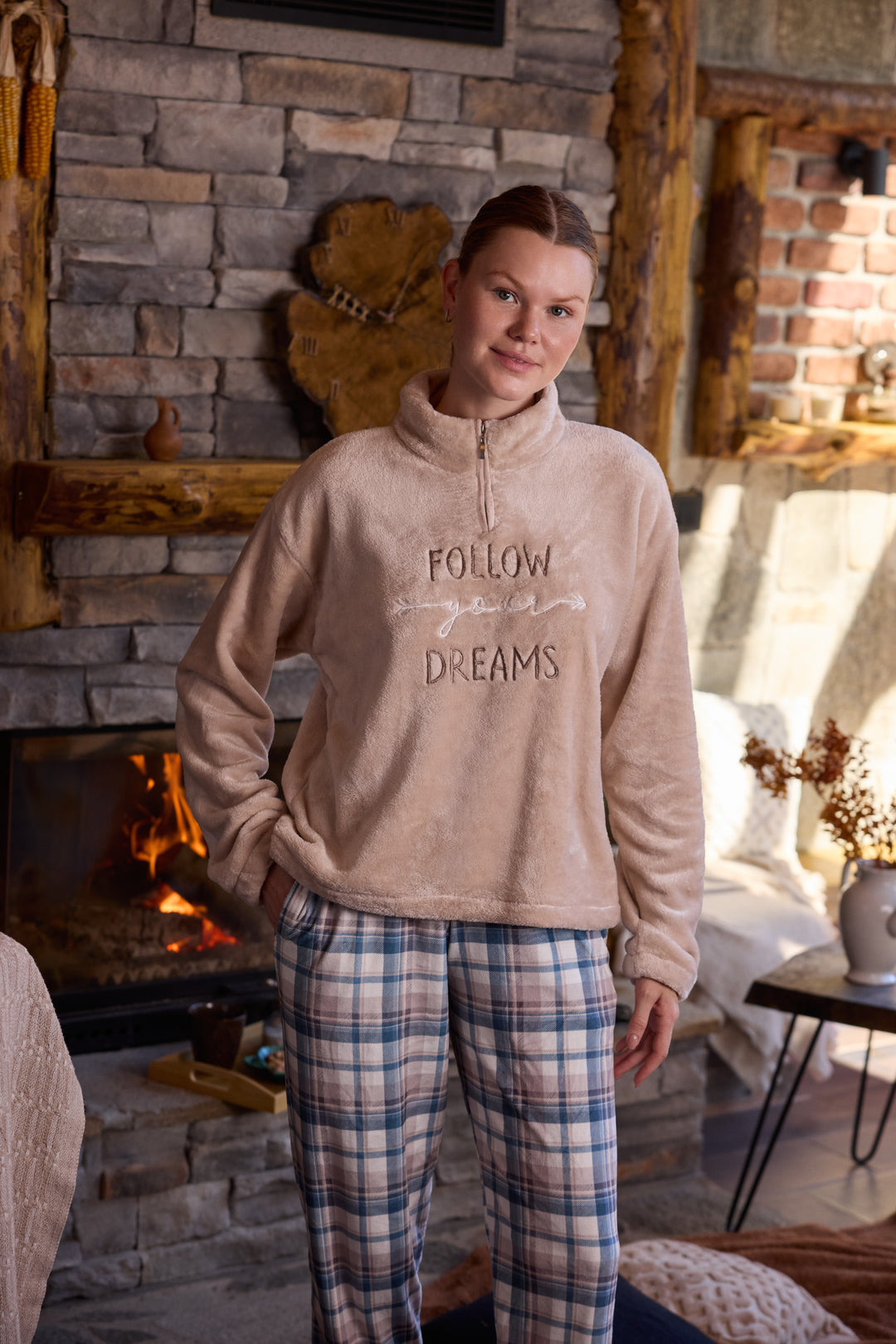 Beige Fluffy Half-Zip Pajama Set with Embroidery &amp; Checked Pants | 6013