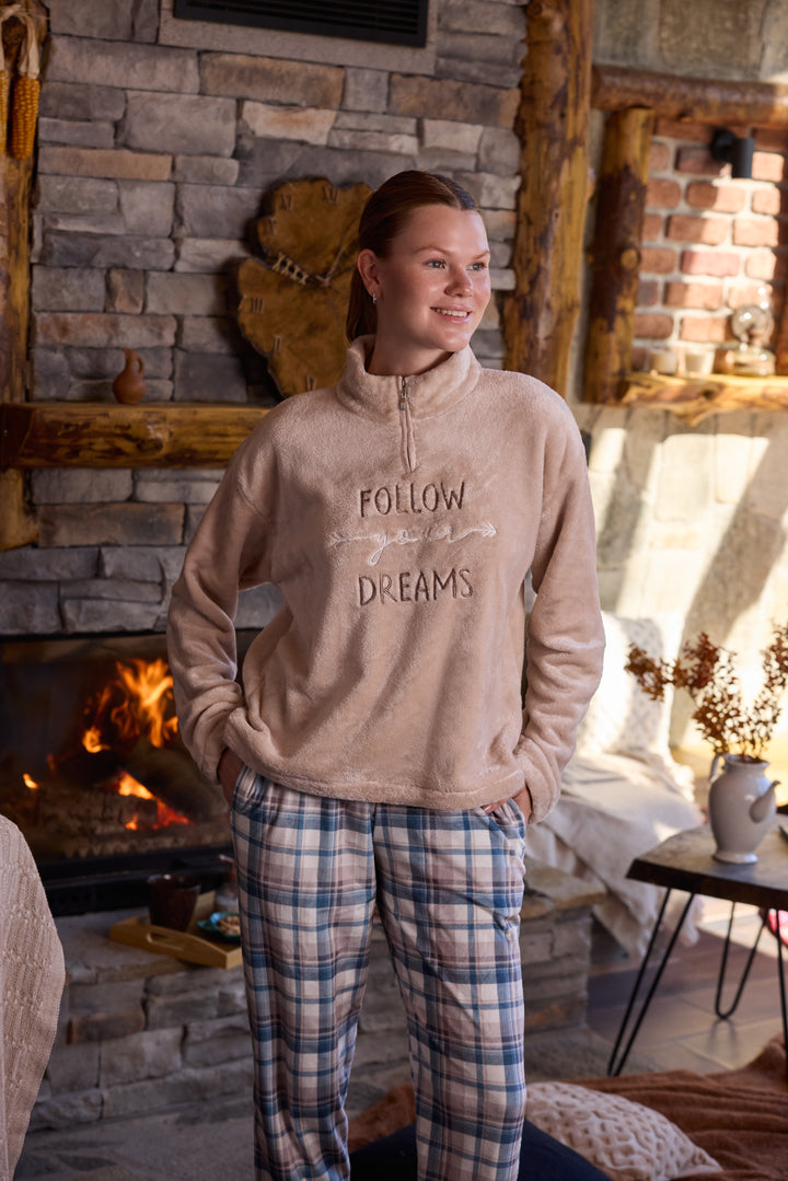Beige Fluffy Half-Zip Pajama Set with Embroidery &amp; Checked Pants | 6013