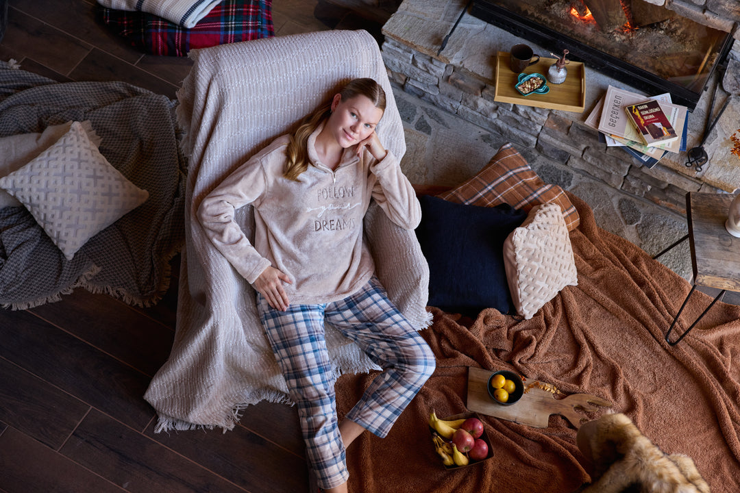 Beige Fluffy Half-Zip Pajama Set with Embroidery &amp; Checked Pants | 6013