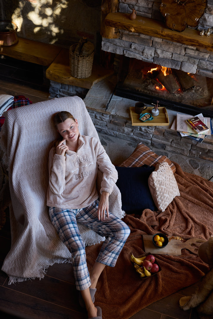 Beige Fluffy Half-Zip Pajama Set with Embroidery &amp; Checked Pants | 6013