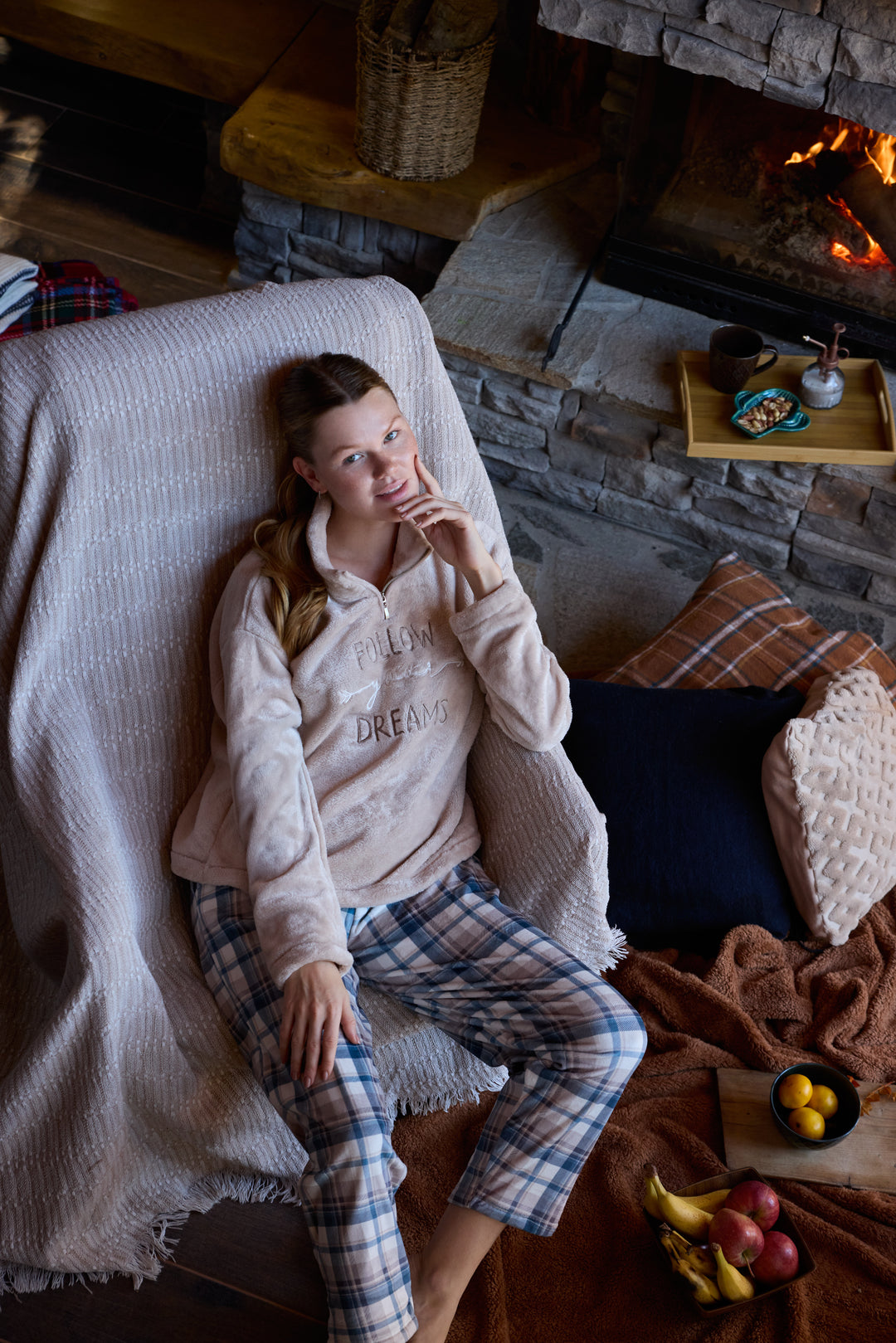 Beige Fluffy Half-Zip Pajama Set with Embroidery &amp; Checked Pants | 6013