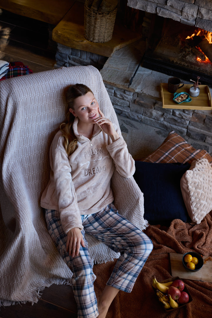 Beige Fluffy Half-Zip Pajama Set with Embroidery &amp; Checked Pants | 6013