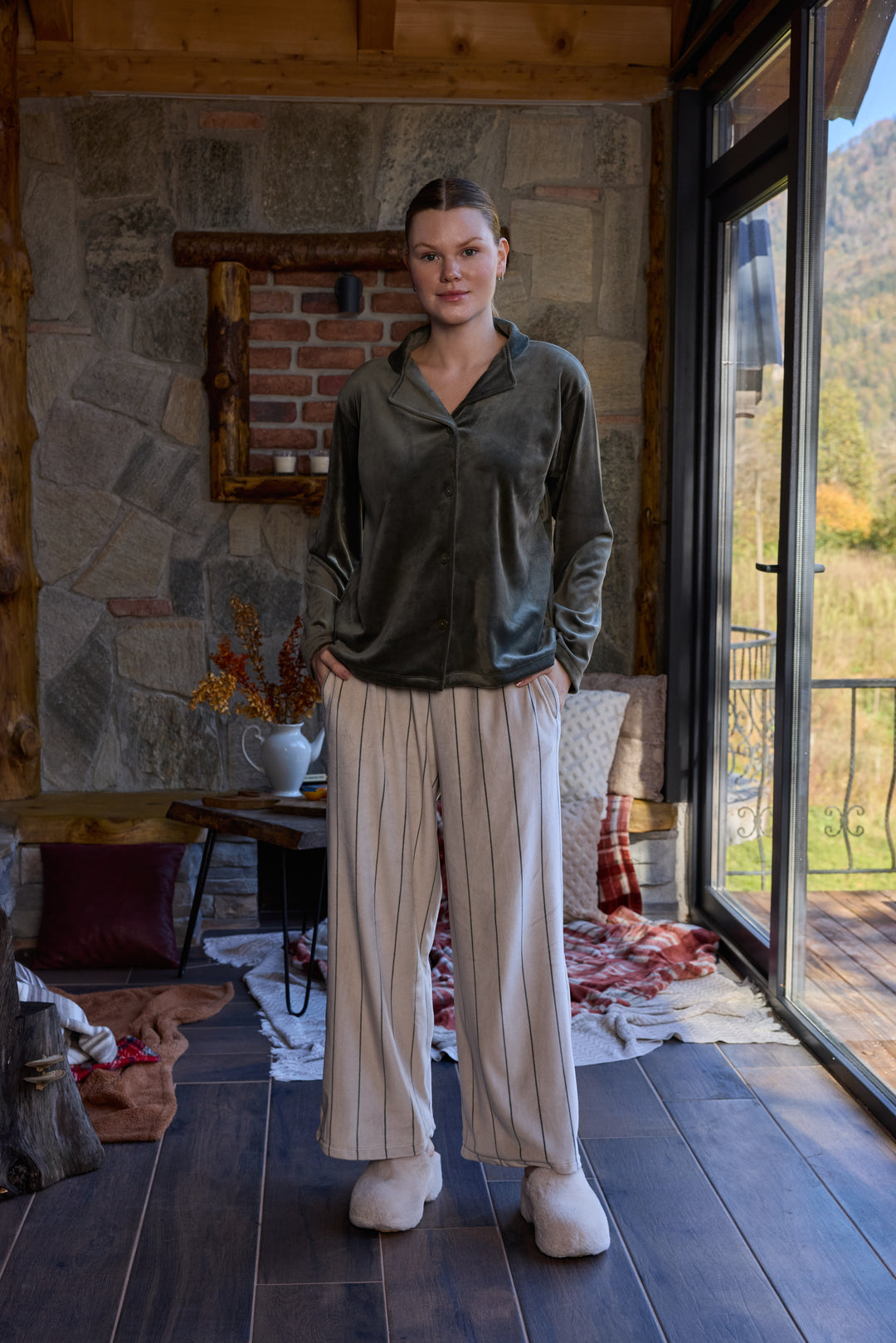 Olive Green Velvet Pajama Set with Striped Pants – Winter Comfort | 6014