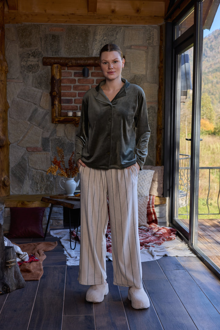 Olive Green Velvet Pajama Set with Striped Pants – Winter Comfort | 6014