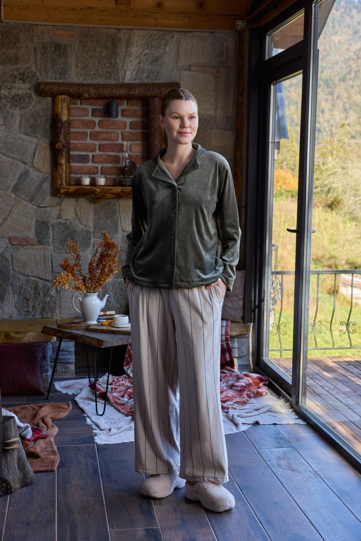 Olive Green Velvet Pajama Set with Striped Pants – Winter Comfort | 6014