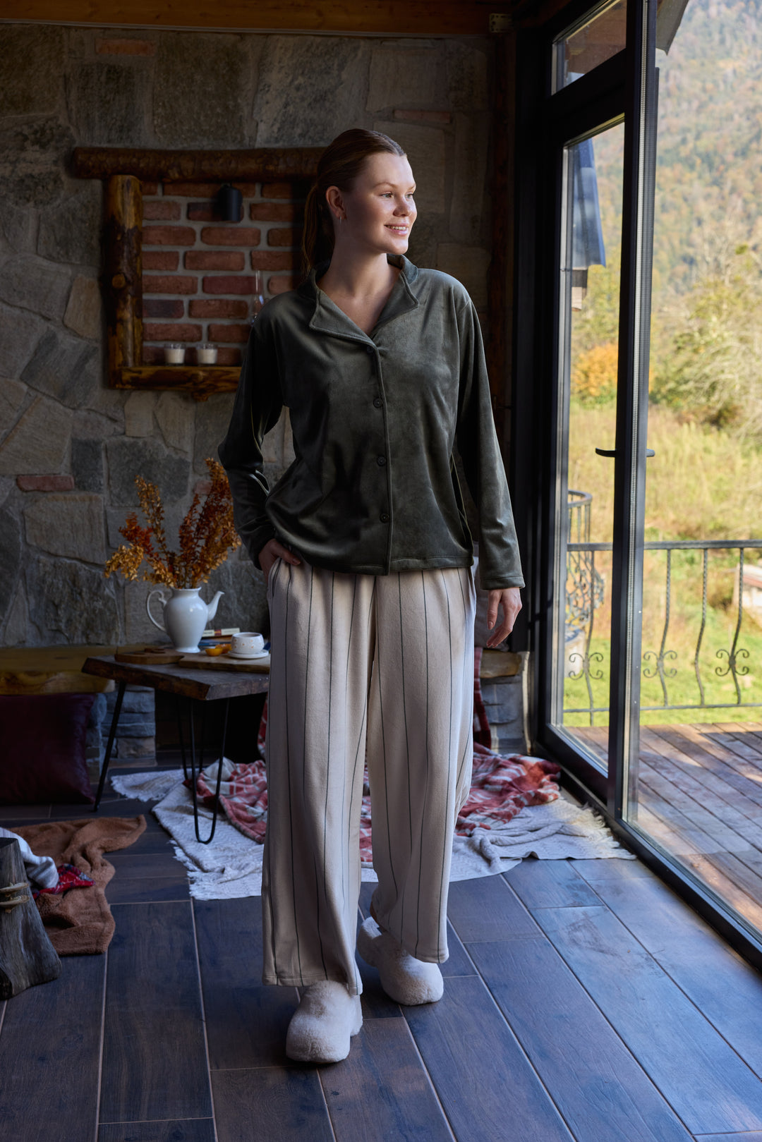 Olive Green Velvet Pajama Set with Striped Pants – Winter Comfort | 6014