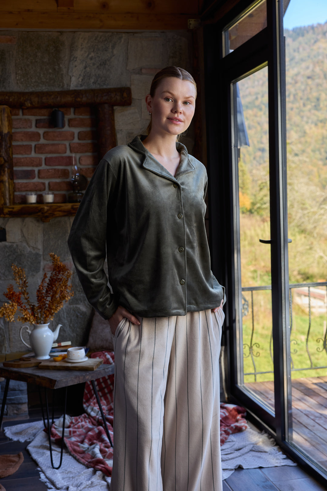 Olive Green Velvet Pajama Set with Striped Pants – Winter Comfort | 6014