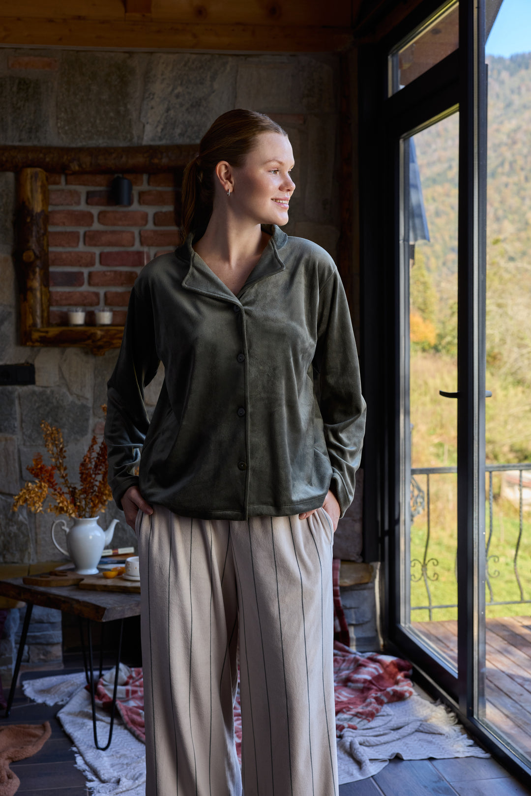 Olive Green Velvet Pajama Set with Striped Pants – Winter Comfort | 6014