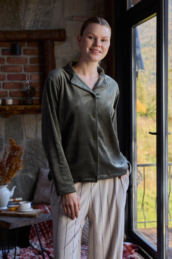 Olive Green Velvet Pajama Set with Striped Pants – Winter Comfort | 6014