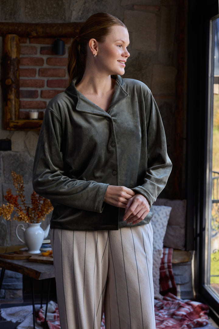 Olive Green Velvet Pajama Set with Striped Pants – Winter Comfort | 6014