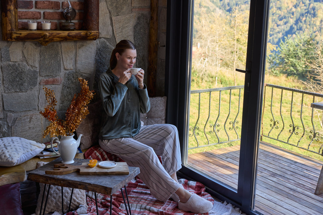 Olive Green Velvet Pajama Set with Striped Pants – Winter Comfort | 6014