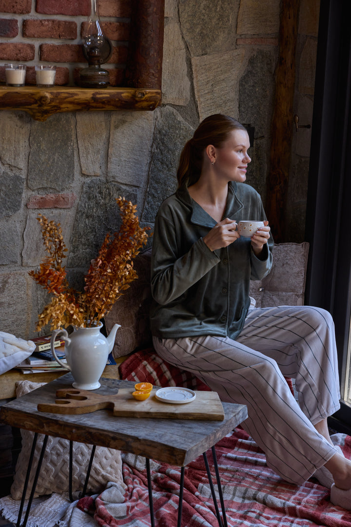 Olive Green Velvet Pajama Set with Striped Pants – Winter Comfort | 6014