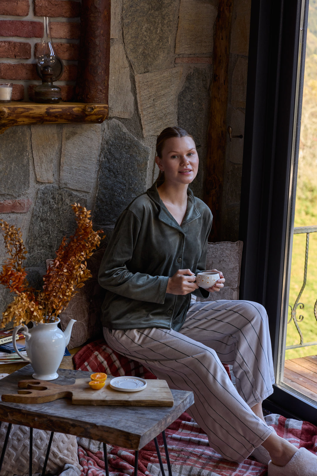 Olive Green Velvet Pajama Set with Striped Pants – Winter Comfort | 6014