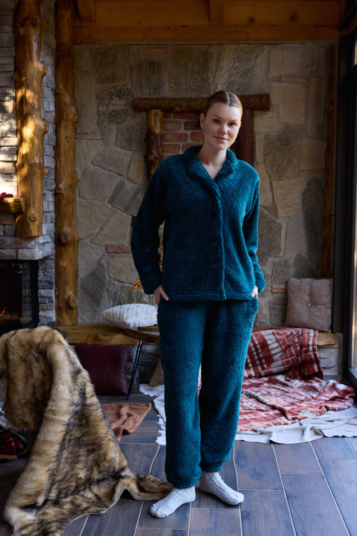 Deep Teal Fluffy Pajama Set with Buttons – Ultra-Warm Winter Comfort | 6015