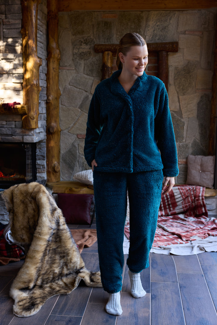 Deep Teal Fluffy Pajama Set with Buttons – Ultra-Warm Winter Comfort | 6015