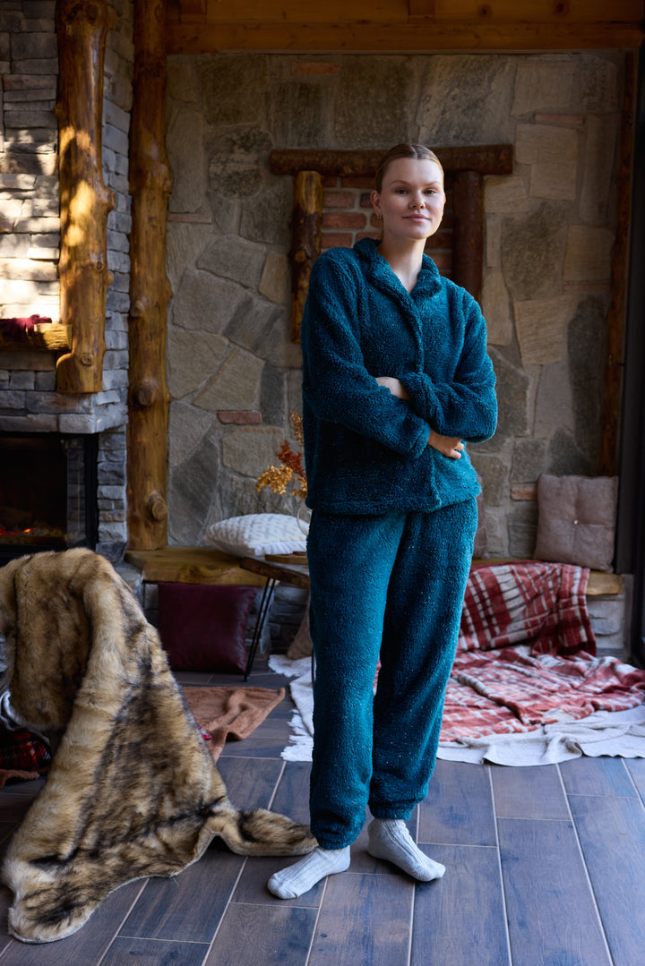 Deep Teal Fluffy Pajama Set with Buttons – Ultra-Warm Winter Comfort | 6015