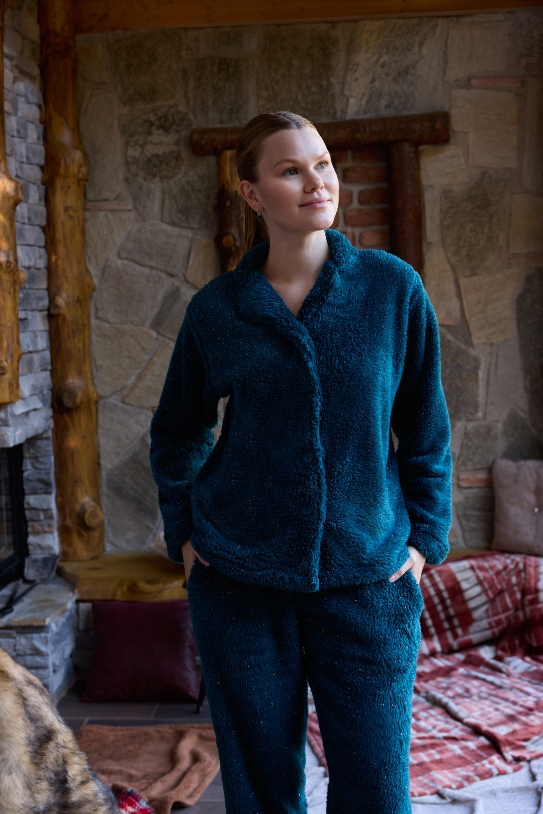 Deep Teal Fluffy Pajama Set with Buttons – Ultra-Warm Winter Comfort | 6015