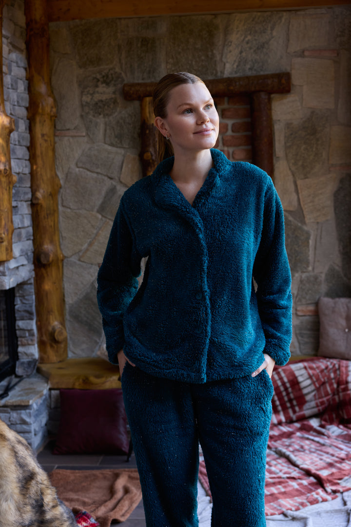 Deep Teal Fluffy Pajama Set with Buttons – Ultra-Warm Winter Comfort | 6015