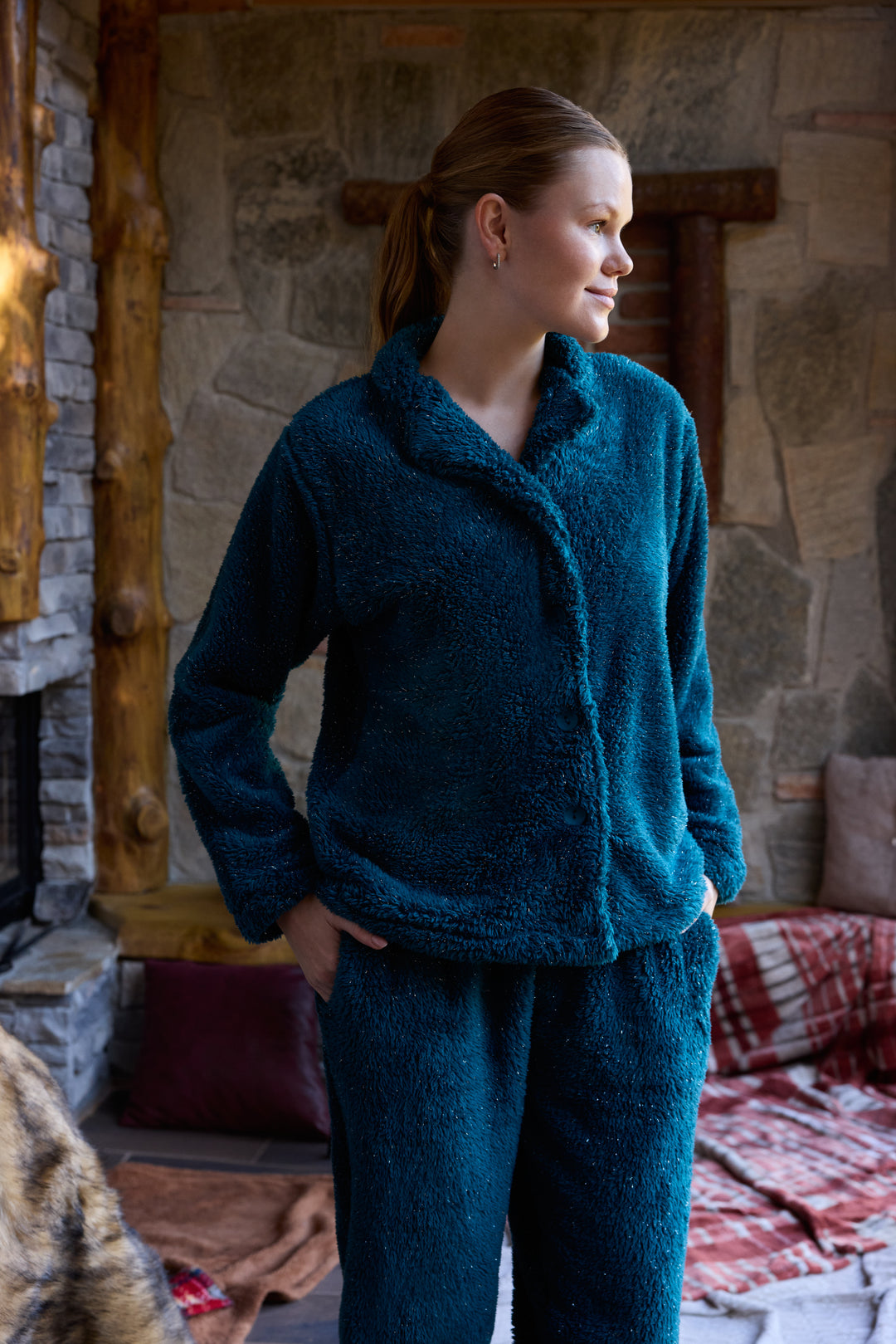 Deep Teal Fluffy Pajama Set with Buttons – Ultra-Warm Winter Comfort | 6015