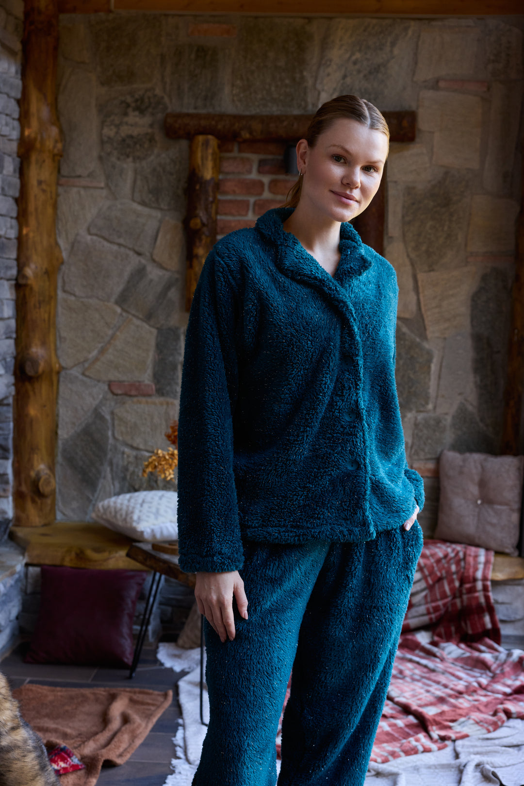 Deep Teal Fluffy Pajama Set with Buttons – Ultra-Warm Winter Comfort | 6015