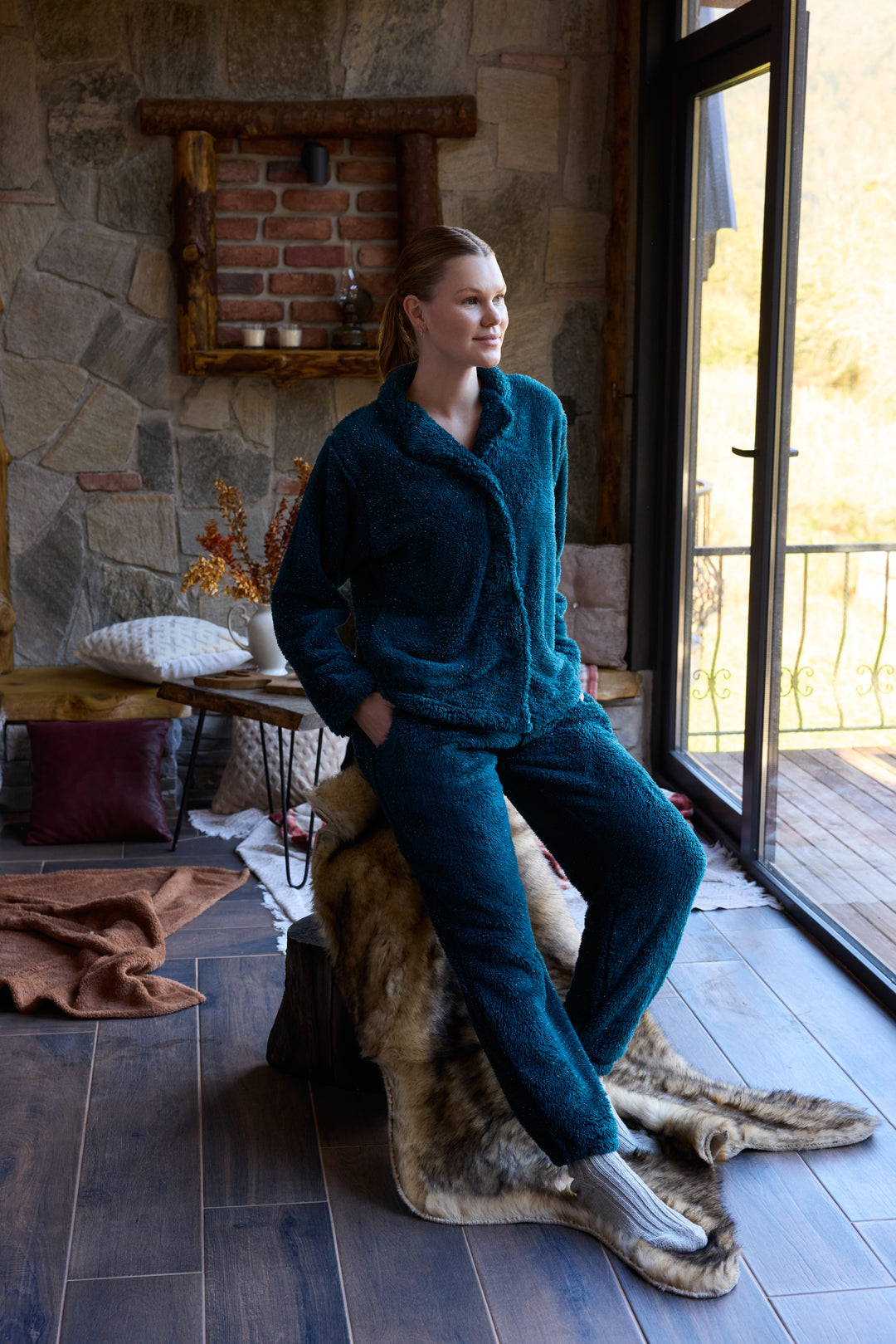 Deep Teal Fluffy Pajama Set with Buttons – Ultra-Warm Winter Comfort | 6015