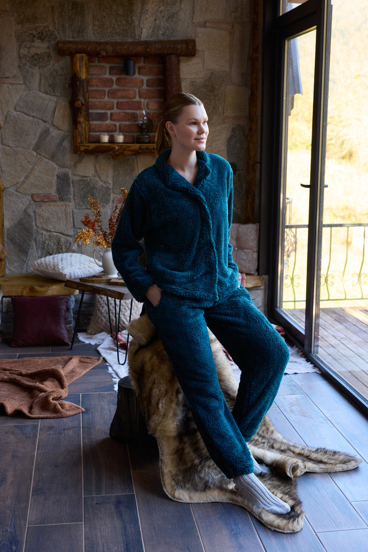 Deep Teal Fluffy Pajama Set with Buttons – Ultra-Warm Winter Comfort | 6015