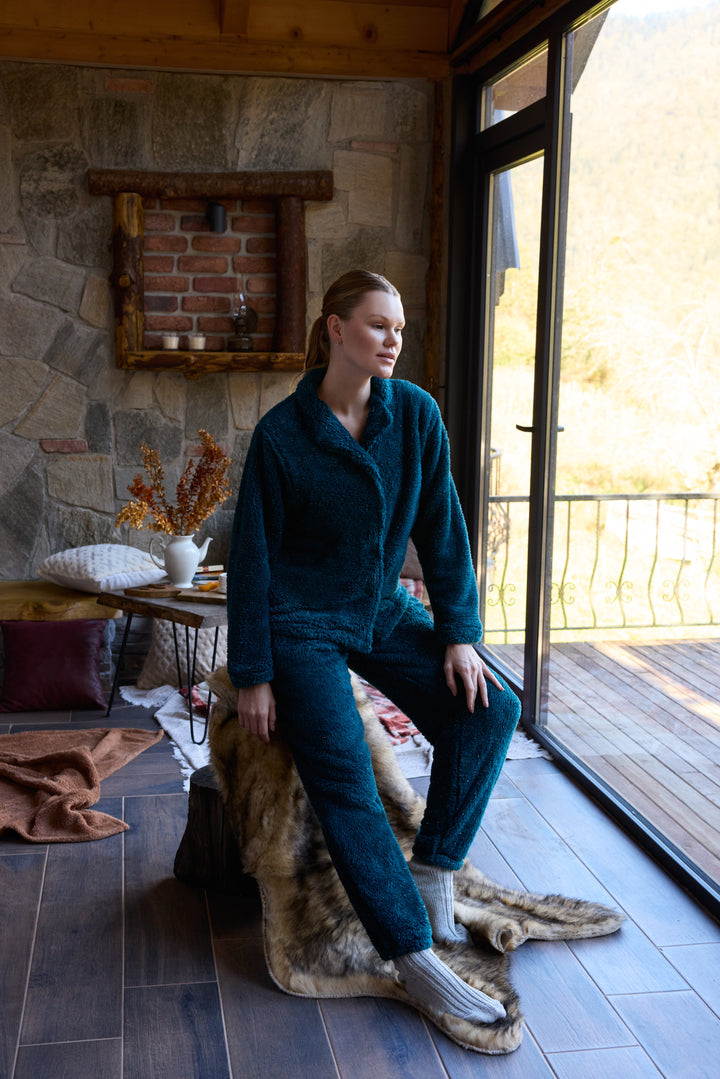 Deep Teal Fluffy Pajama Set with Buttons – Ultra-Warm Winter Comfort | 6015