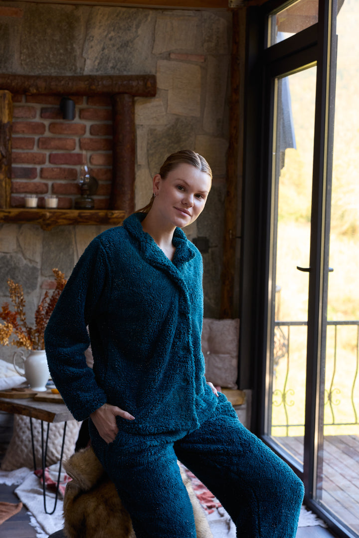 Deep Teal Fluffy Pajama Set with Buttons – Ultra-Warm Winter Comfort | 6015