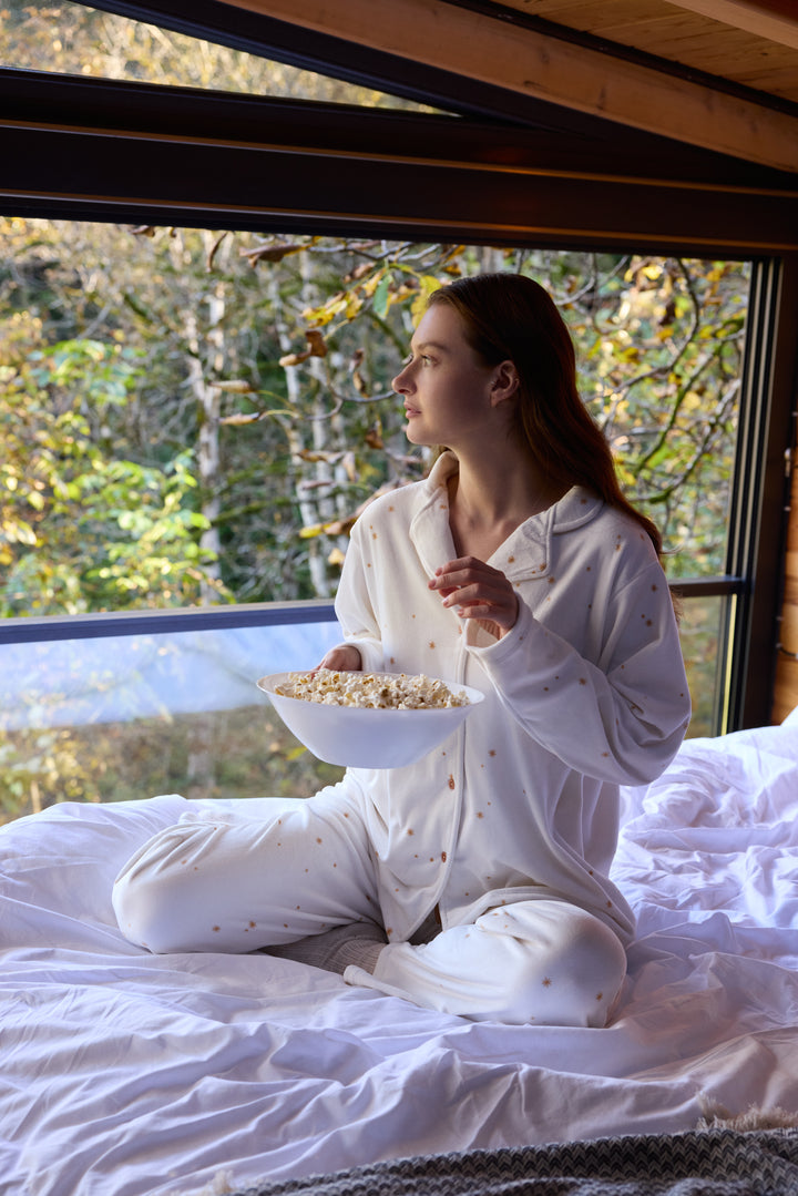 Cream Velvet Pajama Set with Gold Star Print – Cozy Winter Style | 6016