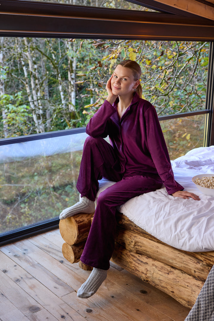 Deep Plum Velvet Pajama Set with Buttons – Soft Winter Comfort | 6017