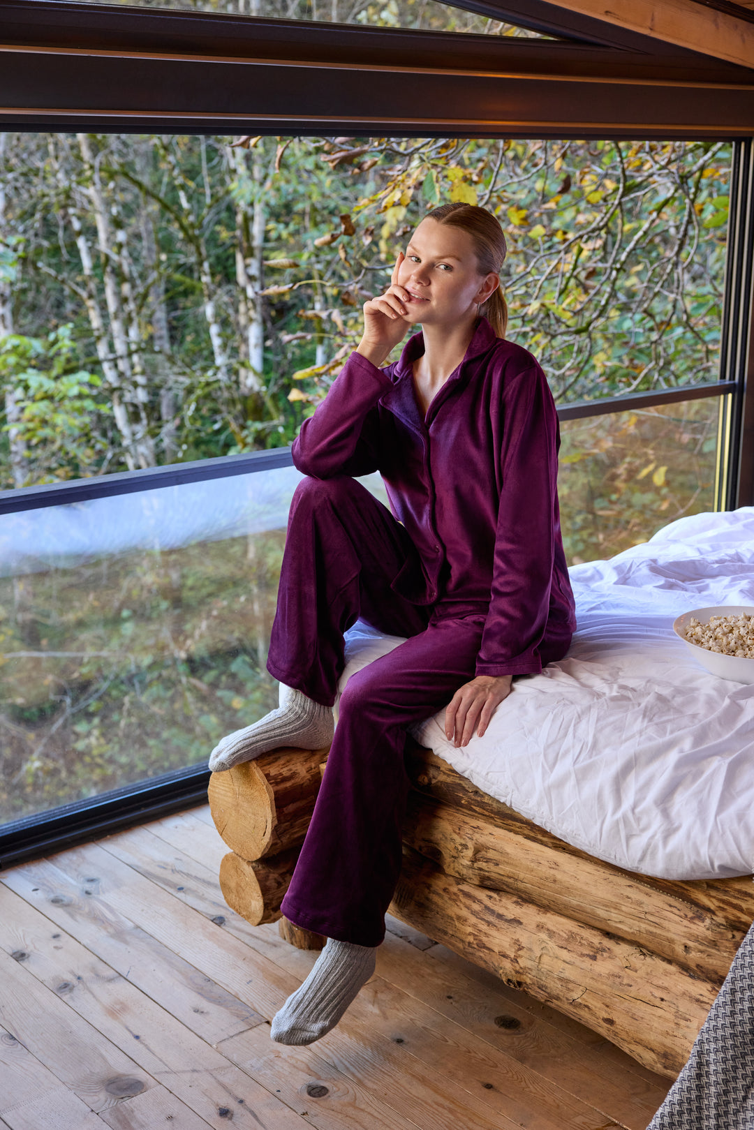 Deep Plum Velvet Pajama Set with Buttons – Soft Winter Comfort | 6017