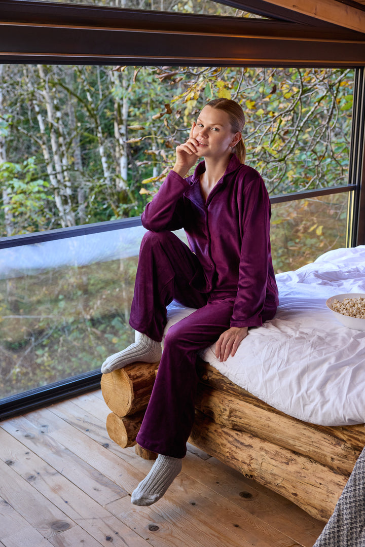 Deep Plum Velvet Pajama Set with Buttons – Soft Winter Comfort | 6017