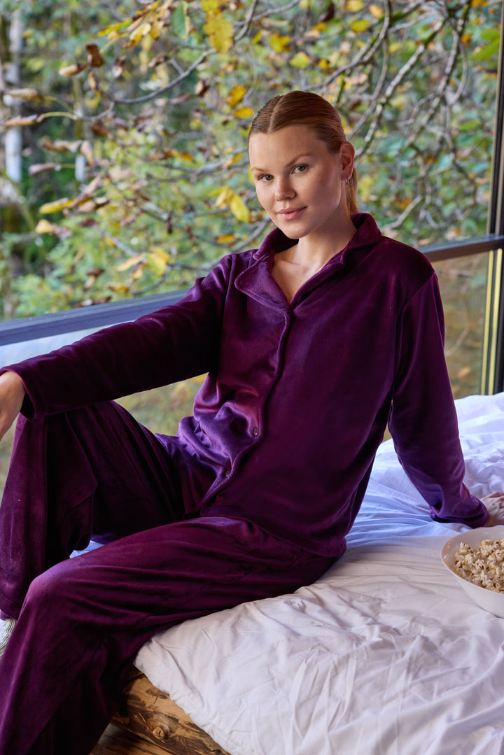 Deep Plum Velvet Pajama Set with Buttons – Soft Winter Comfort | 6017