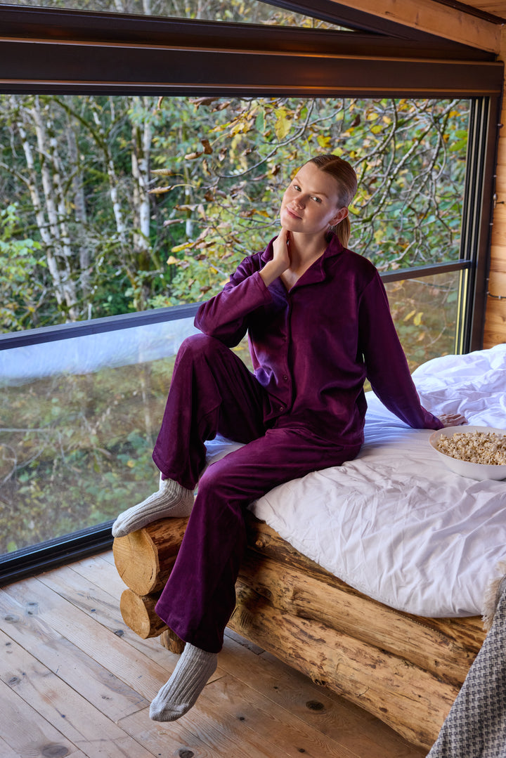 Deep Plum Velvet Pajama Set with Buttons – Soft Winter Comfort | 6017