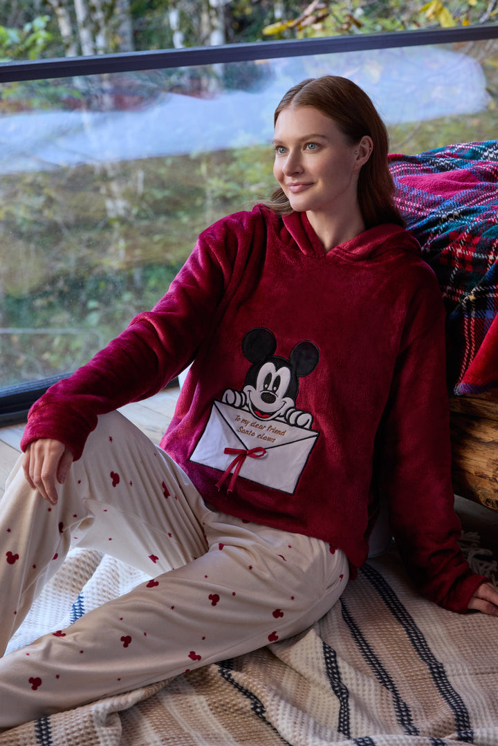 Burgundy Fluffy Hoodie Winter Set with Embroidery &amp; Printed Pants | 6018