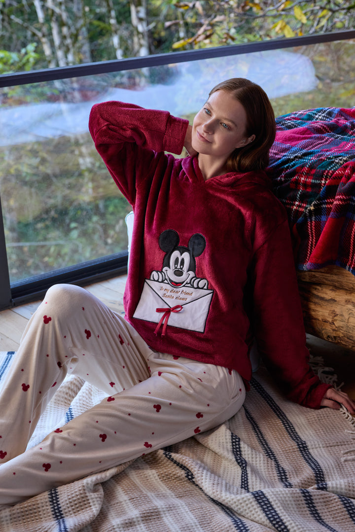 Burgundy Fluffy Hoodie Winter Set with Embroidery &amp; Printed Pants | 6018