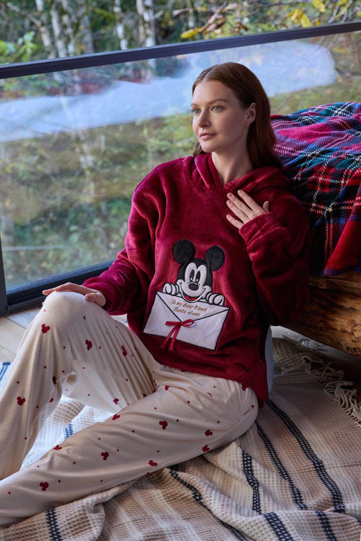 Burgundy Fluffy Hoodie Winter Set with Embroidery &amp; Printed Pants | 6018