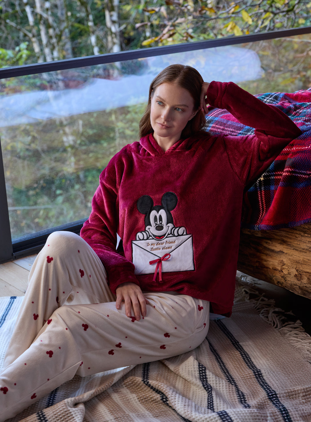 Burgundy Fluffy Hoodie Winter Set with Embroidery &amp; Printed Pants | 6018